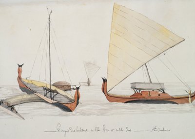 Kánoe obyvatel ostrovů Pis a Iros (Caroline Islands), akvarel od Jules-Louis Lejeune, z Duperrey