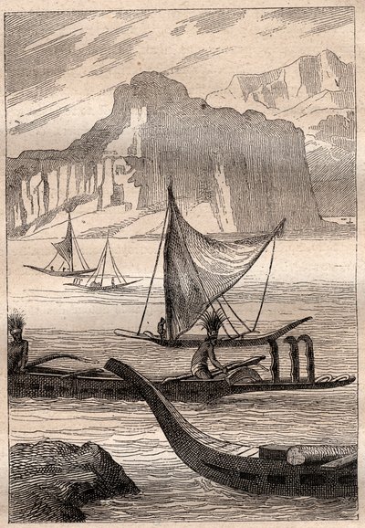 Kanoe z Marquises Islands - ilustrace převzata z „Velkých námořníků 18. století““ od French School