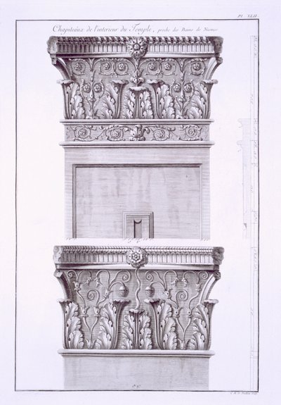 Hlavní města z chrámu poblíž římských lázní, Nimes, z Antiquites de la France: svazek I, Monuments de Nimes od French School