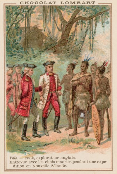 Setkání kapitána Jamese Cooka s maorskými náčelníky na Novém Zélandu, 1769 od French School