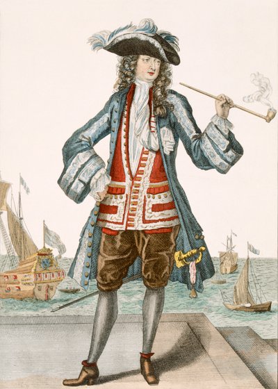 Kapitán Jean Bart z Dunkerque 88: Le Capitaine Jean Baert de Dunquerque, kapitán flotily, stojí a kouří dlouhou dýmku v docích; Jean Bart (1651-1702), vlámský námořník w od French School
