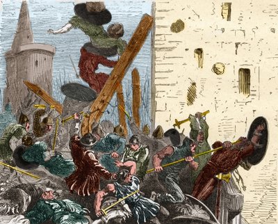 Dobytí Carcassonne během křížové výpravy proti Albigeers v srpnu 1209. Rytina v „“ Histoire De France En Cent Paintings od Paula Lehugeura „“ 1891 od French School