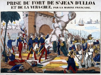 Dobytí pevnosti Saint John of Ulloa a La Vera Cruz v Mexiku v listopadu 1838. Obrázek Epinal od French School
