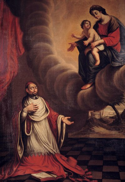 Kardinál Berulle (1575-1629) klečí před Panenským obrazem francouzské školy. Soukromá sbírka ze 17. století od French School