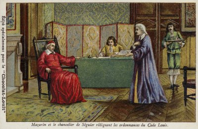 Kardinál Mazarin a kancléř Seguier při přípravě nařízení Code Louis od French School