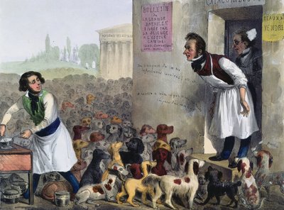 Karikatura Pařížanů zabývajících se vzteklými psy, kolem roku 1840 od French School