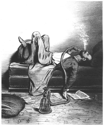 Karikatura romantického spisovatele hledající inspiraci v hašiši, c. 1849 od French School