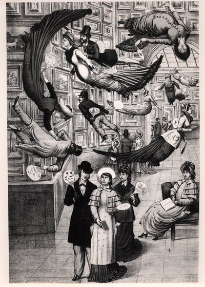 Karikatura návštěvníků pařížského salonu z roku 1880 od French School