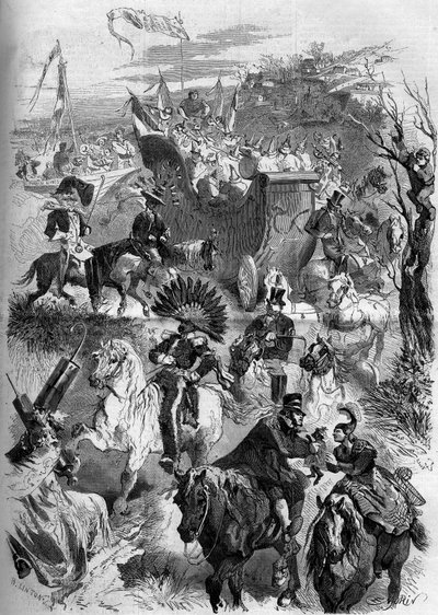 Karneval Mardi Gras, Francie, 8. března 1859: sestup do Paříže maškarády Sevres. Rytina v „“ Le Monde Illustré““ č. 100 z 19. března 1859. od French School