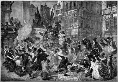 Karnevalová scéna v ulicích Antverp (Belgie) v roce 1860. Rytina v „“ Le Monde Illustré““ č. 151 ze dne 3. března 1860. od French School