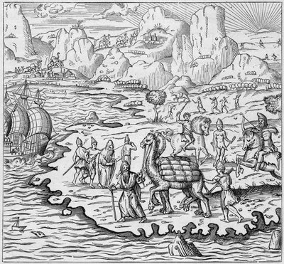 Přeprava zboží velbloudem pro nakládání lodí opouštějících řeckou přepážku v Alexandrii do Evropy. Rytina v „La Marine et les colonies: commerce“ od French School