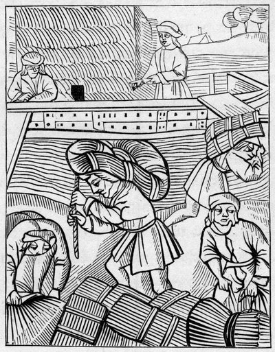 Nosiči sena ve středověku. Rytina v „La Marine et les colonies: commerce“ od French School