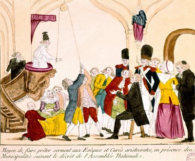 Kreslený film zobrazující francouzské aristokraty a duchovenstvo skládající přísahu věrnosti republice (barevná rytina) od French School