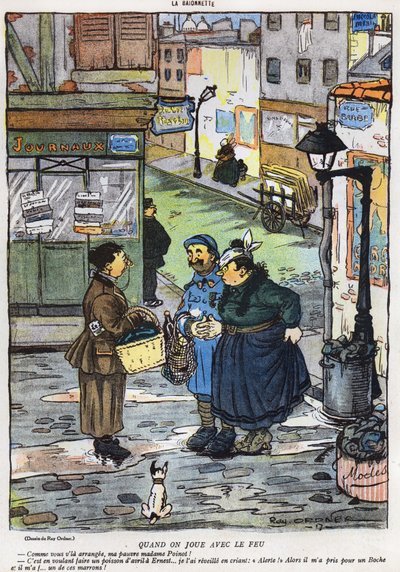 Kreslený film zobrazující výsledek pokusu manželky oklamat svého manžela, z vydání časopisu La Baionette z dubna 1917 (Poisson dAvril), 29. března 1917 od French School