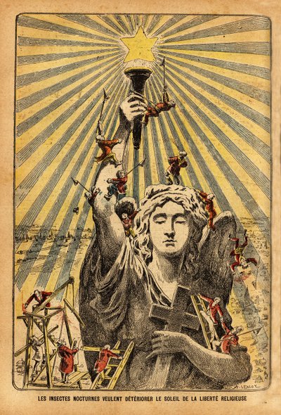Karikatura pro církev, "noční hmyz chce zhoršit slunce náboženské svobody"", v politické debatě, která rozbouřila Francii na počátku 20. století, o laicizaci institucí v kontextu odluky církve a od French School