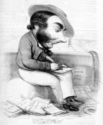 Karikatura psaní Eugène Sue, obklopená jeho publikačními seriály v tisku - v „“Le Charivari“, kolem roku 1840 od French School