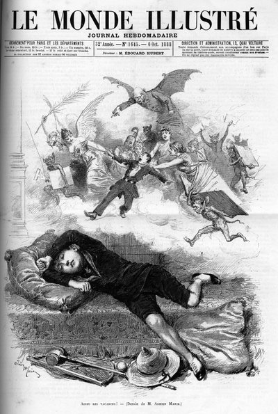 Karikatura mladého školáka kárajícího od konce prázdnin, které se blíží k pronájmu třídy v roce 1888. od French School