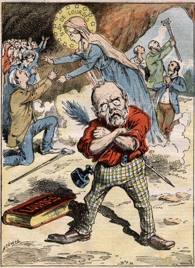 Karikatura spisovatele Emila Zoly (1840-1902), který je zmatený z oddanosti věřících v Lurdech, navzdory jeho kritice tématu vyjádřené v jeho románu „Lourdes“. Rytina v „“Le Pelerin““ z 30. srpna od French School