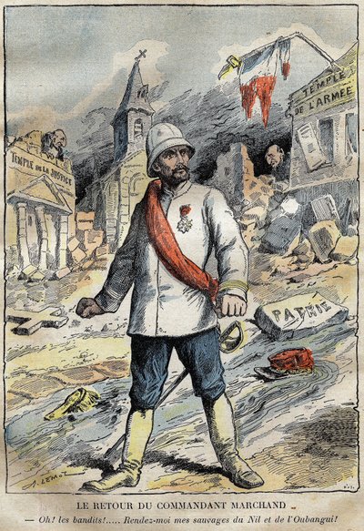 Karikatura o veliteli Jean-Baptiste (Jean Baptiste) Marchandovi (1863-1934), v Toulonu, vracející se z průzkumné mise (1896-1899) v Africe. Rytina v “” Le Pelerin”” 4/06/1899. od French School