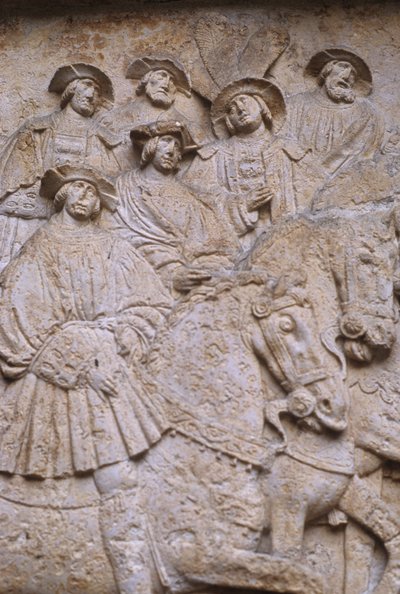 Vytesaný kamenný reliéf na vnitřním nádvoří znázorňující Pole sukna ze zlata, z Hotel de Bourgtheroulde, Rouen, Normandie, 1501-37 od French School