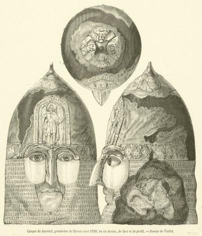 Přilba Jaroslava, velkovévody ruského kolem roku 1238, pohled shora, zepředu a z profilu (rytina) od French School