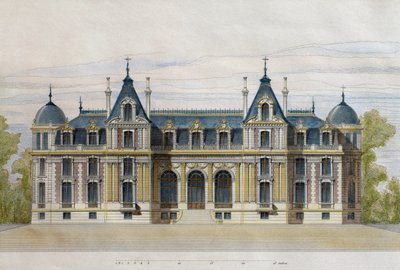 Zámek Neuflize patřící bratřím Pate, zahradní fasáda, ilustrace z Le Moniteur des architectes, 1884, rytina F. Penela (barevná rytina) od French School
