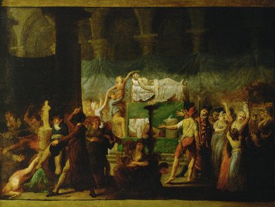 Katafalk pro Jeana-Paula Marata po jeho zavraždění Charlotte Cordayovou... od French School