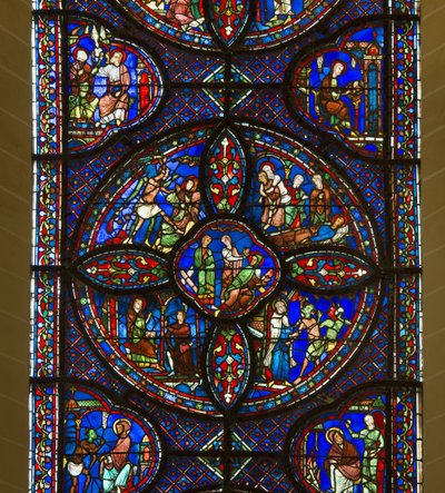 Cathedrale de Chartres, vitráže: život svatého Antoina a svatého Pavla, poustevníci, detail uprostřed od French School