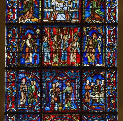 Cathedrale de Chartres, vitráže: naše dáma z krásného skla s centrem veřejného života Krista od French School