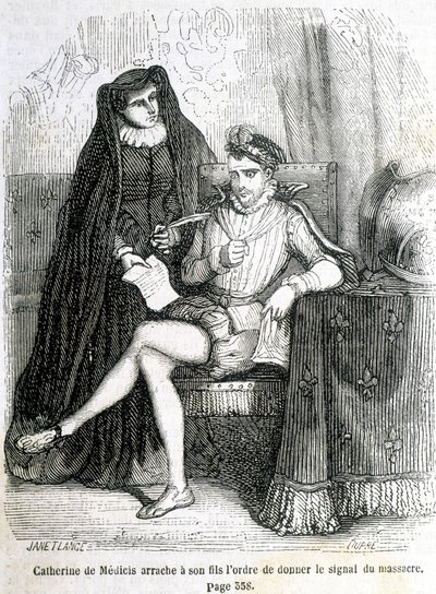 Kateřina de Medici (Caterina de Medici) slzí od svého syna (Karel IX.) příkaz dát znamení masakru svatého Bartoloměje v roce 1572 - v „Histoire de France“ od L.-P. Anquetil od French School