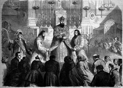 Katolický obřad - mše - 26. ledna 1860: Celebree mše podle arménského obřadu představeným mechitaristů v kostele Notre Dame des Victoires v Paříži. Rytina v „“ Le Monde Illustré““ č. 147 ze 4. února 1860. od French School