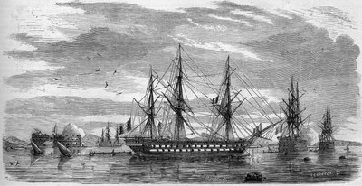 Katolická slavnost: Velký pátek (Svatý pátek) v Toulonu (Var, 83) v roce 1858. Lodě mají své tyče zkřížené a jejich vlajky s polovičními táhly na znamení smutku. Rytina v „“ Le Monde Illustré““ č. 53 ze 17. dubna 1858. od French School