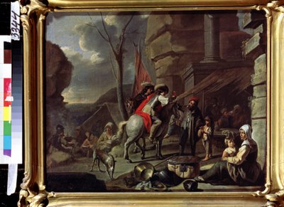 ""Jezdci přijíždějící do hostince po silnici" (Jezdci v krčmě) Před vchodem jsou instalováni žebráci. Malba francouzské školy 2. poloviny 17. století. Puškinovo muzeum, Moskva od French School