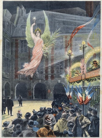 Oslava stého výročí narození francouzského spisovatele Victora Huga (1802-1885): džin Renommee sestupující do básníkova domu, Place des Vosges v Paříži, v „Le Petit Parisien““ od French School