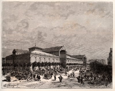 Centrální haly v Paříži v 19. století – rytina „La France illustree: geographie, histoire, Administration statistique“ od V.A. Sladově hnědá. 1884 od French School