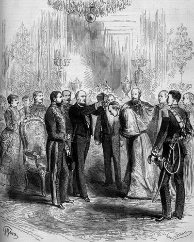 Ceremoniál předání kardinálských insignií: Pier Francesco Meglia (1810-1883) obdržel kardinálův červený kabát a Jules Grevy (1807-1891) mu na hlavu nasadil kardinálskou baretu. Paříž, Palais de l
