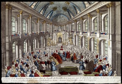 Obřad svatebního požehnání, které udělili ve Versailleské kapli 16. května 1770 Louis Auguste, delfín z Francie (Louis XVI.), a Marie Antoinetta z Rakouska - rytina od French School