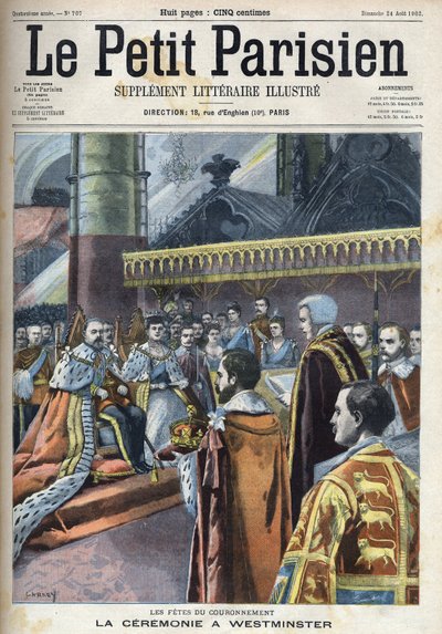 Ceremoniál korunovace ve Westminsteru: Král Edward VII (1841-1910) a Alexandra Dánská (1844-1925), v „Le petit Parisien““ od French School