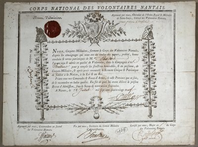 Osvědčení o přijetí do Národní gardy dobrovolníků v Nantes, 1789 od French School