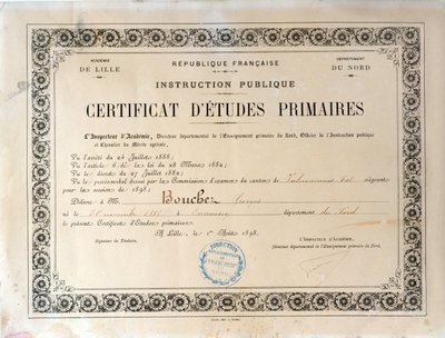 Vysvědčení o základním vzdělání, Academie de Lille, 1898 (inkoust na papíře) od French School