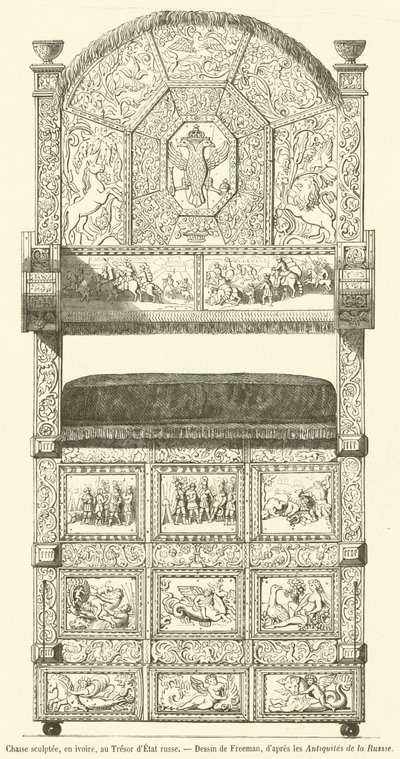 Vyřezávaná židle, ze slonoviny, u ruské státní pokladny (rytina) od French School