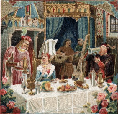 Komoří Jehan de Saintre podávající drink u Lady of Belles Cousines (Belles-Cousines) na banketu v Chateau d