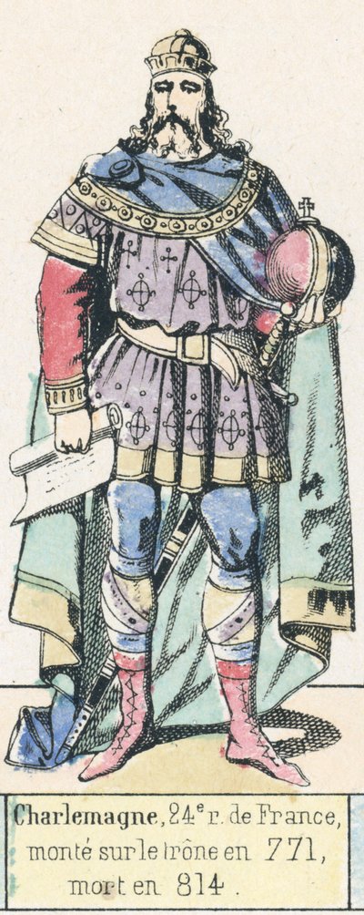 Karel Veliký, 24. král Francie, nastoupil na trůn roku 771, zemřel roku 814 (barevná rytina) od French School