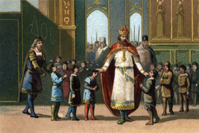 Charlemagne, král Francie od 768 do 814 zakladatel školy dohlíží na hodiny. Chromolitografie kolem roku 1890. od French School