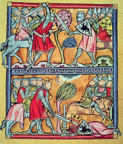 Karel Veliký a jeho paladinové v boji proti Saracénům, miniatura z „Karla Velikého a jeho paladinů“ (vellum) od French School