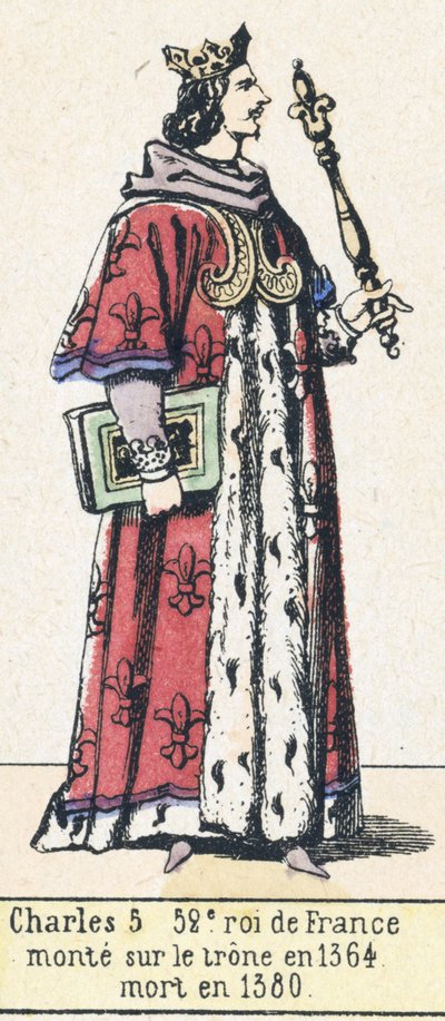 Karel 5, 52. král Francie, nastoupil na trůn v roce 1364, zemřel v roce 1380 (barevná rytina) od French School