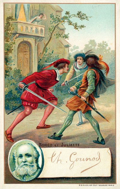 Charles Gounod, francouzský skladatel, a scéna z jeho opery Romeo et Juliette (chromolitho) od French School