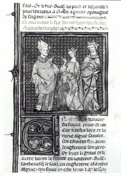 Karel III. (879-929) Prostý s manželkou a synem Ludvíkem IV. (921-954), Grandes Chroniques de France, 1375-79 od French School