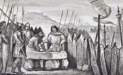 Tlustý Karel III (839-88) vyplácí vikingské nájezdníky v roce 886, z „Histoire de France“ od Colarta, vydaného kolem roku 1840 (rytina) od French School