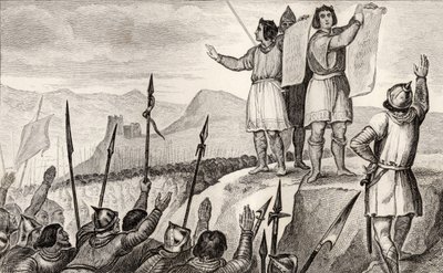 Karel II. (823-77) Holý a jeho bratr Ludvík Němec uzavírají smlouvu ve Štrasburku v roce 842, z Colartovy knihy "Histoire de France", vydané kolem roku 1840. od French School